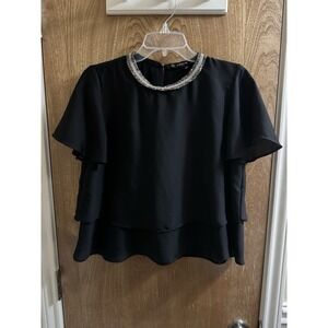 Zara Double Layer Black Blouse Short Sleeve Embellished Collar Preppy Sheer Sz S
